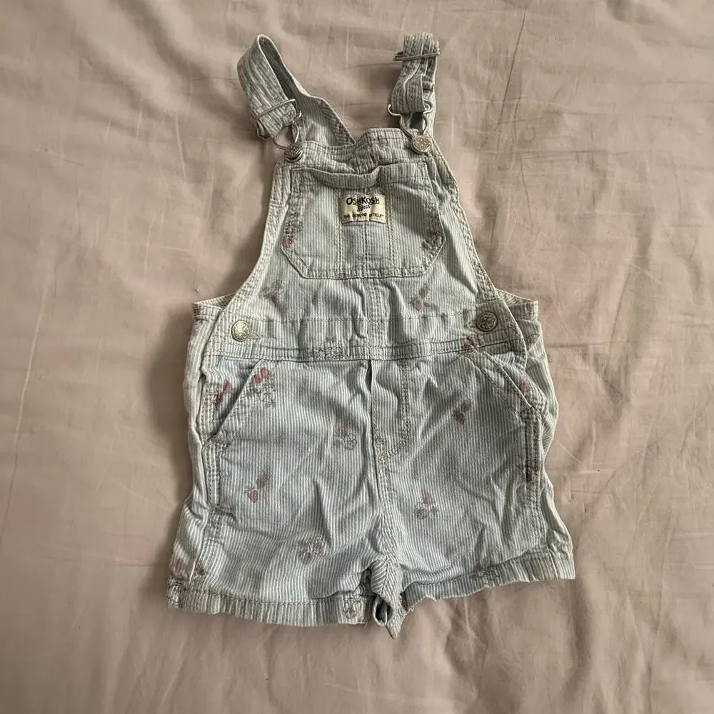 OshKosh Shortalls Overalls Girl 18 Months Light Blue Engineer Stripe Floral Pink